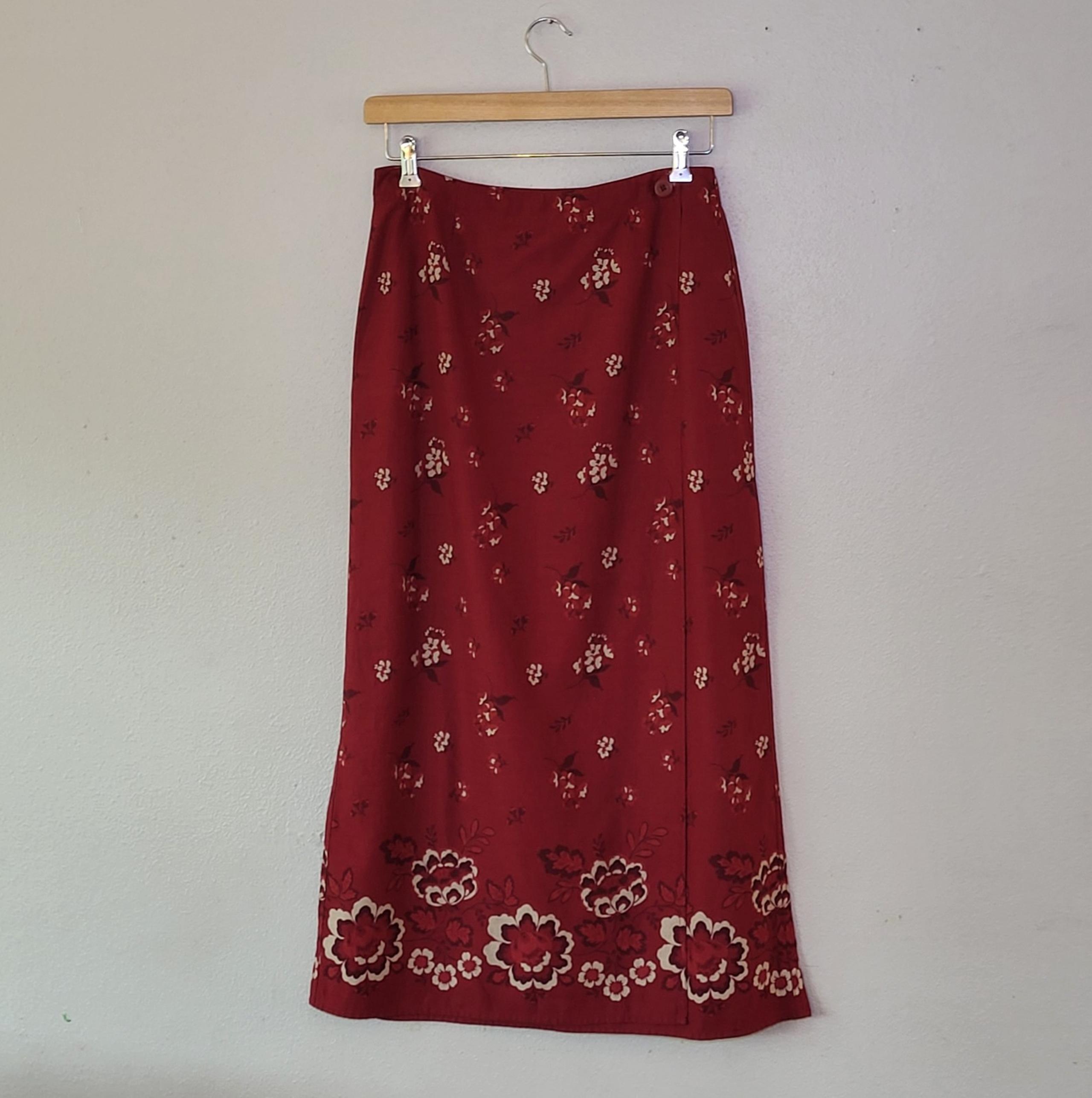 Eddie Bauer Women's 10 Wrap Maxi Skirt Linen Blend Natural Red Floral Lagenlook