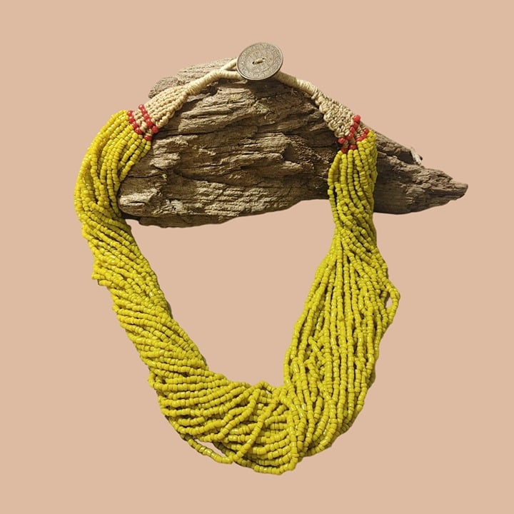 Vintage Naga Konyak Yellow Glass Beaded Necklace Macrame Bronze Coin Clasp