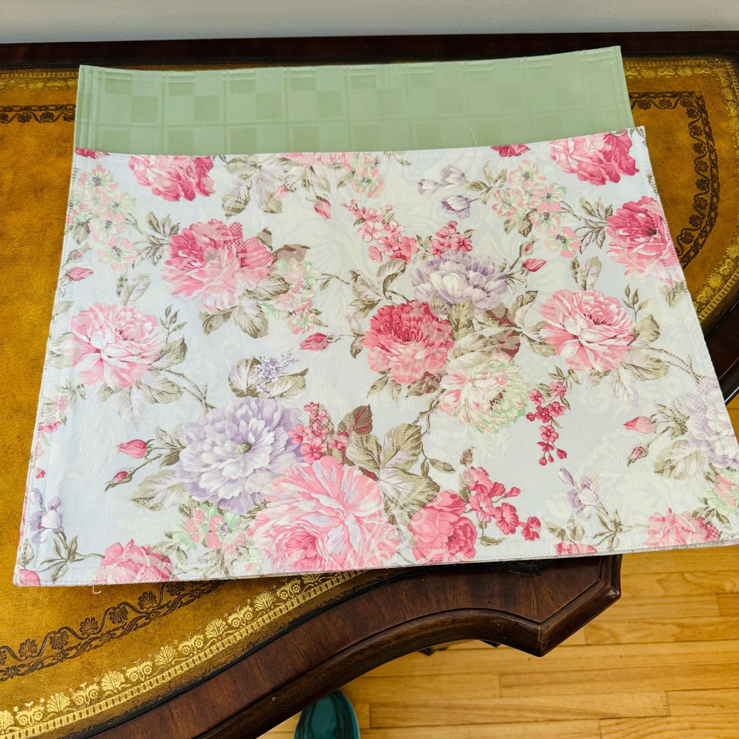 Cotton Reversible Pink Green Placemats Set of 9 Peonies Floral Checkered NEW