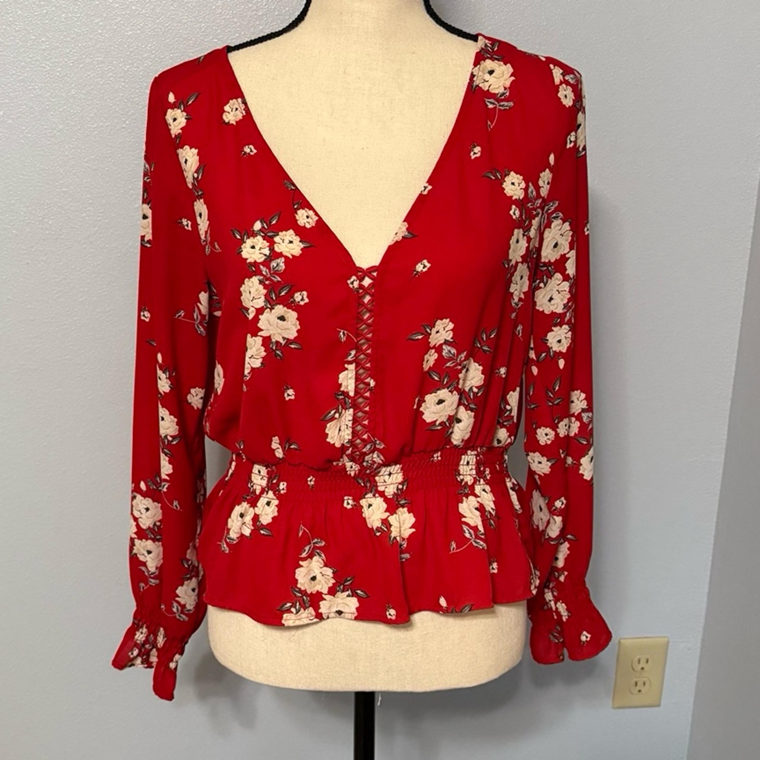 Divided H&M Red Floral Long Sleeve Ruffle Blouse Top - Womens Size 6 EUC