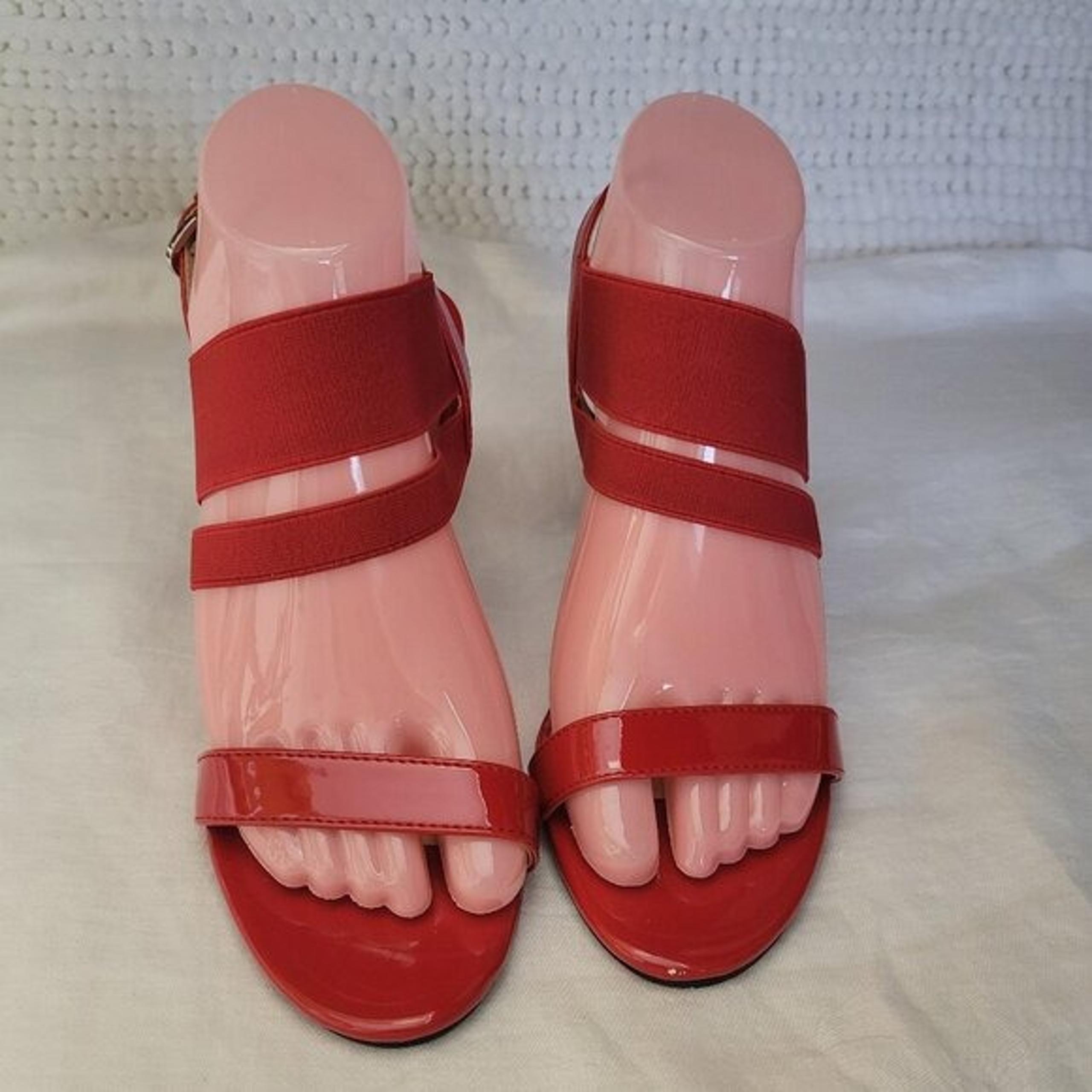 Unisa Size 7 1/2 Shoes Marna Red Heels Strappy Open Toe Pump Glossy LIKE NEW