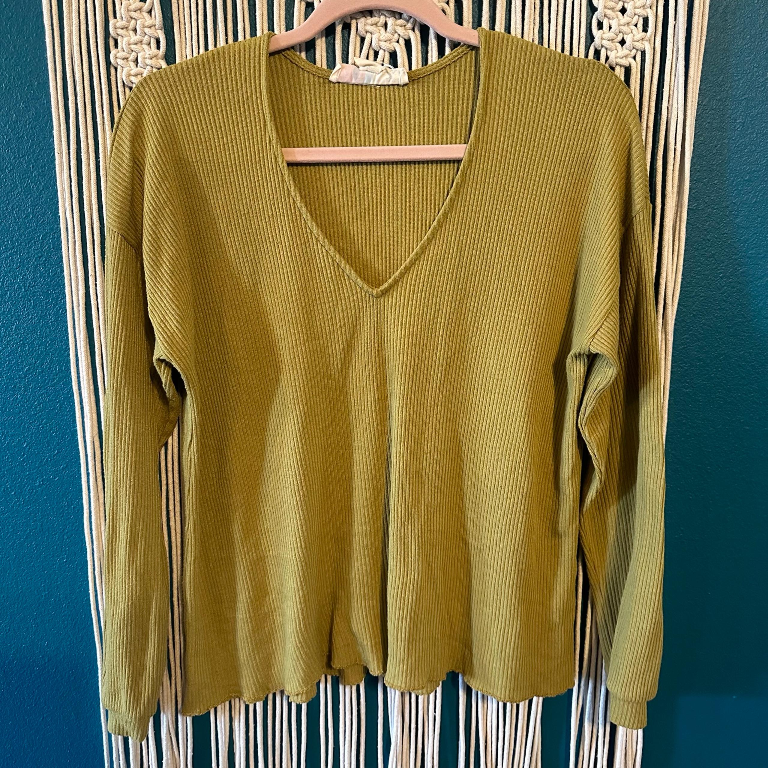 Free People Beach Olive Green Ribbed V Neck Swing Knit Thermal Tunic Sweater