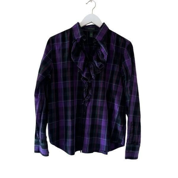 RALPH LAUREN PLAID COTTON WITCHY GOTHIC VINTAGE PREPPY TEACHER RUFFLE BUTTON U