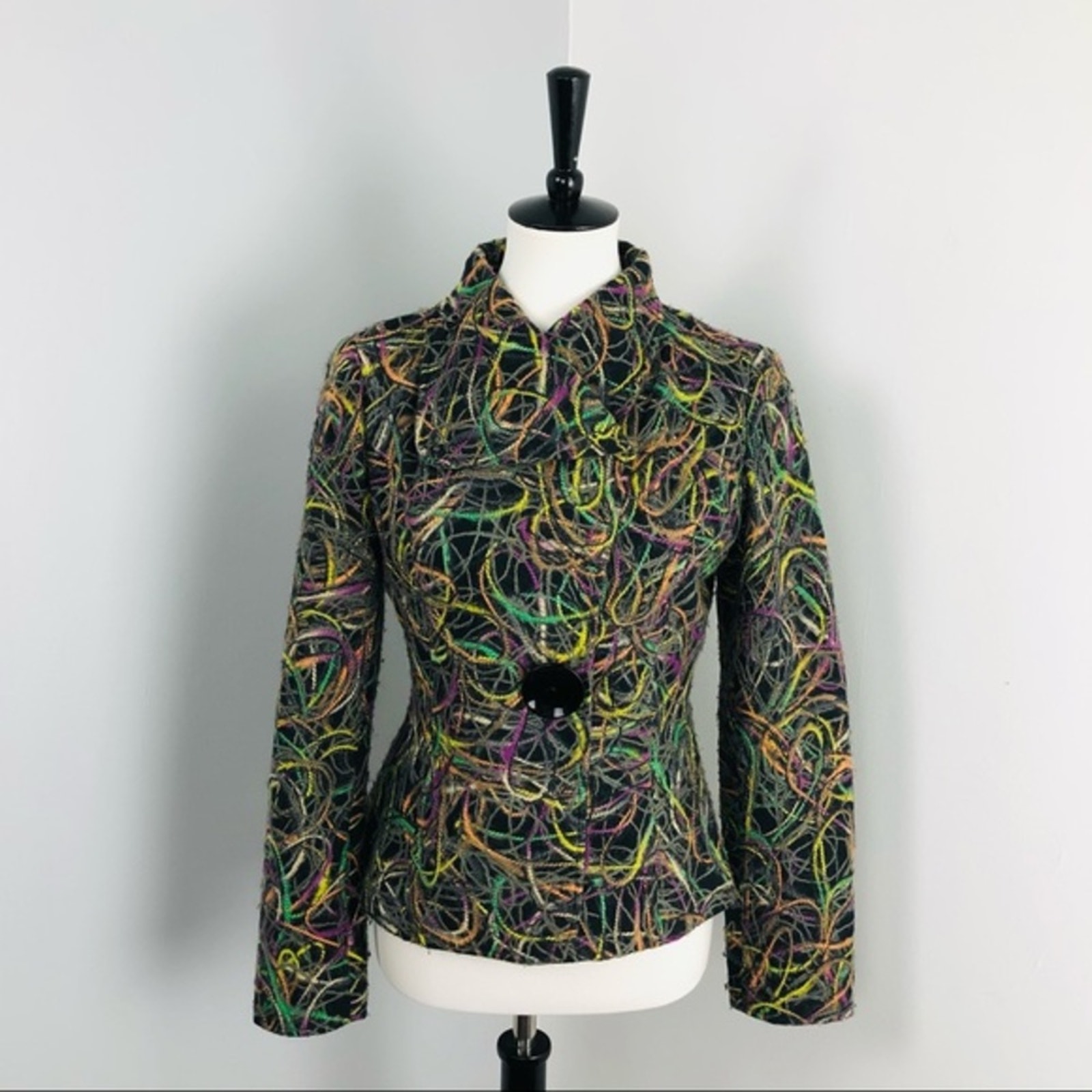 ECRU by Florence Korn Multicolored Yarn Scribbles Fitted Pea Coat Jacket Sz 6