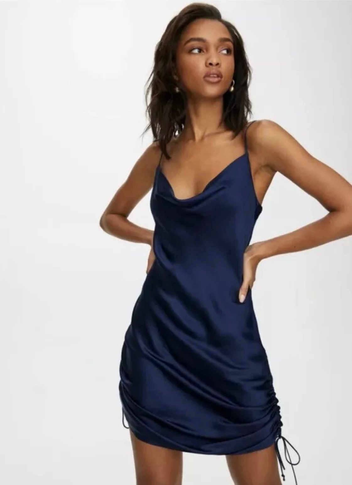 Wilfred Only Ruched Navy Slip Satin Dress Sz. SMALL