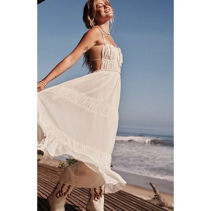 New Free People Taking Sides Maxi Dress in Ivory White
