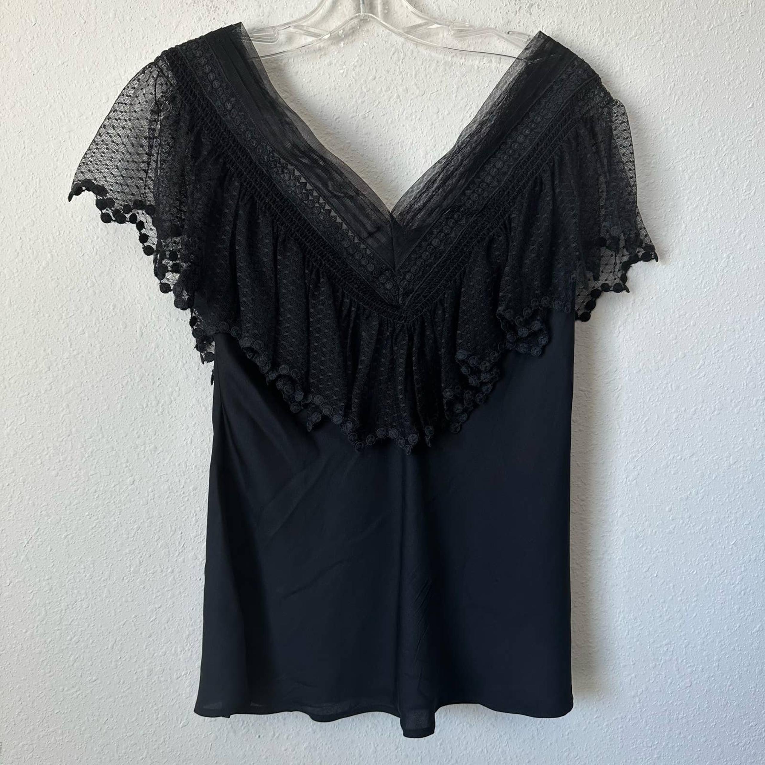 Catherine Malandrino Black Satin Lace Ruffle Tank Top Sz S