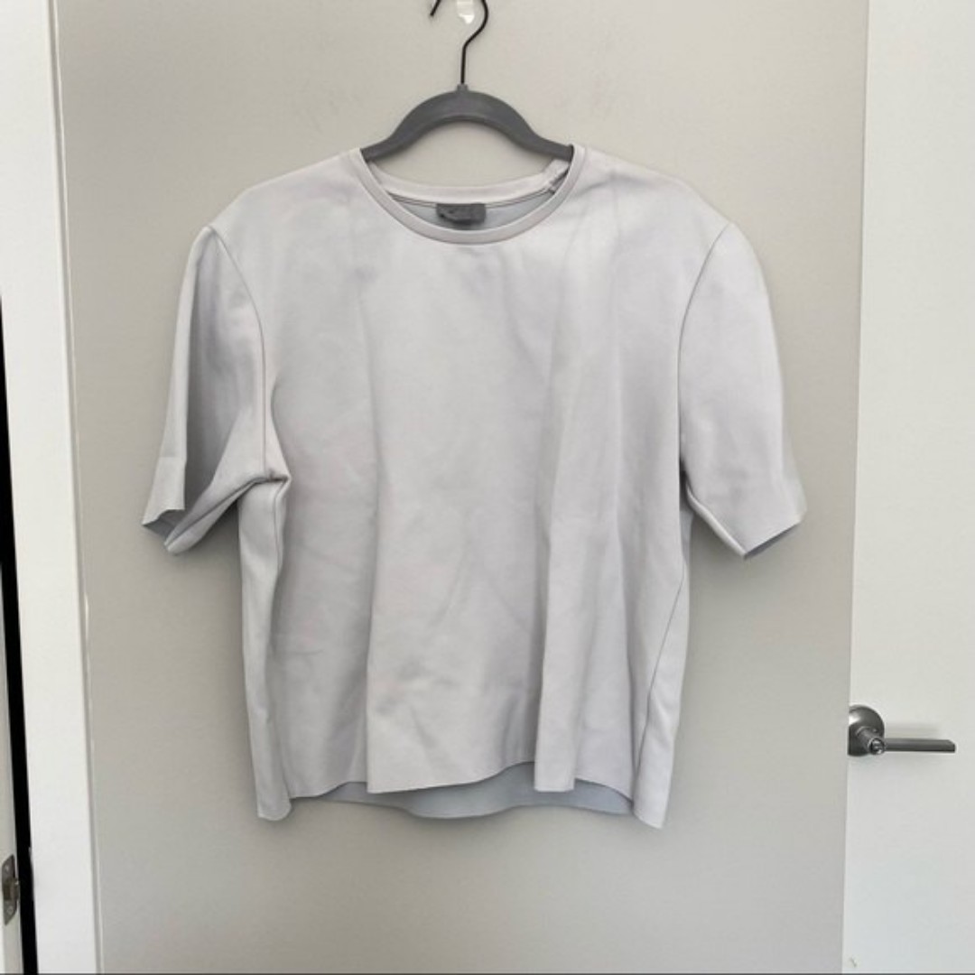 COS Light Gray Nylon Short Sleeve Raw Hem Neutral Minimalist Top