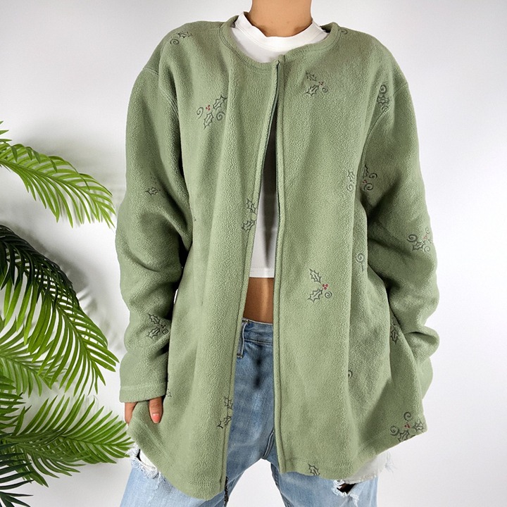 Womens Vintage Green Floral Granola Girl Cottagecore Fleece Oversized Jacket /3X