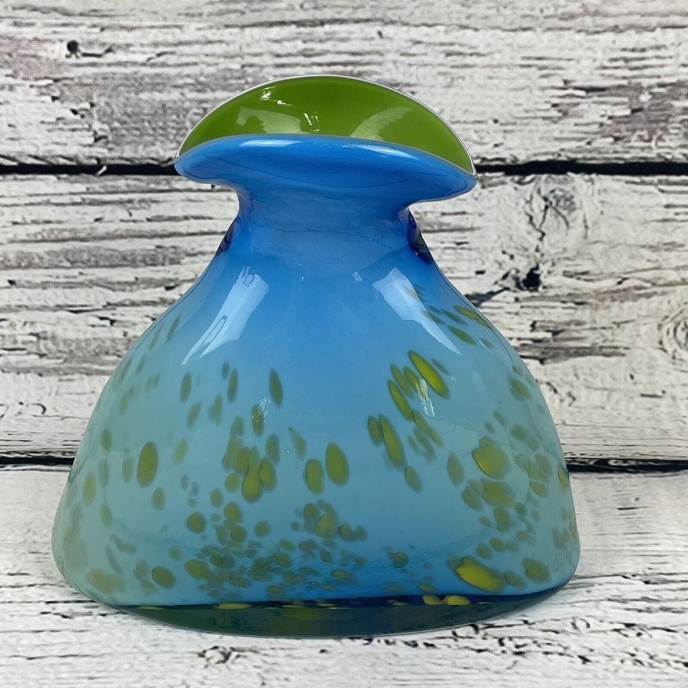 Flower Vase Beautiful Unique Abstract Blue Green Vintage Blown Art Glass Splash