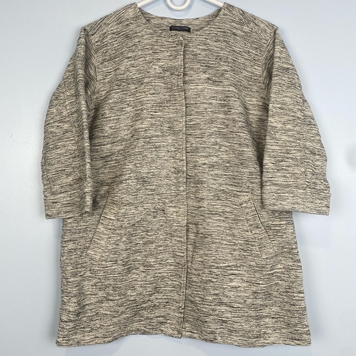 Eileen Fisher Ecru Tweed Round Neck Long Jacket 3/4 Sleeve Sz Large Minimalist