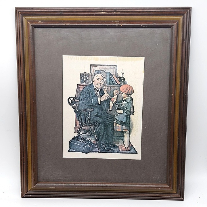 Norman Rockwell 1972 Doctor And The Doll Vintage Framed Art Print In Rustic Wood