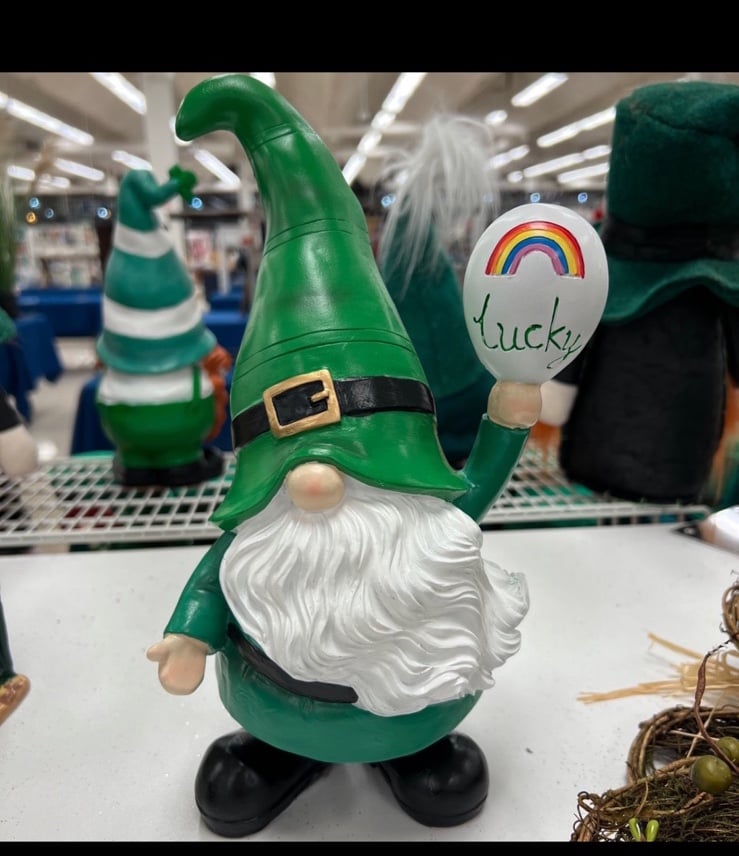 St Patricks Day Gnome holding a pot of a rainbow luck ballon