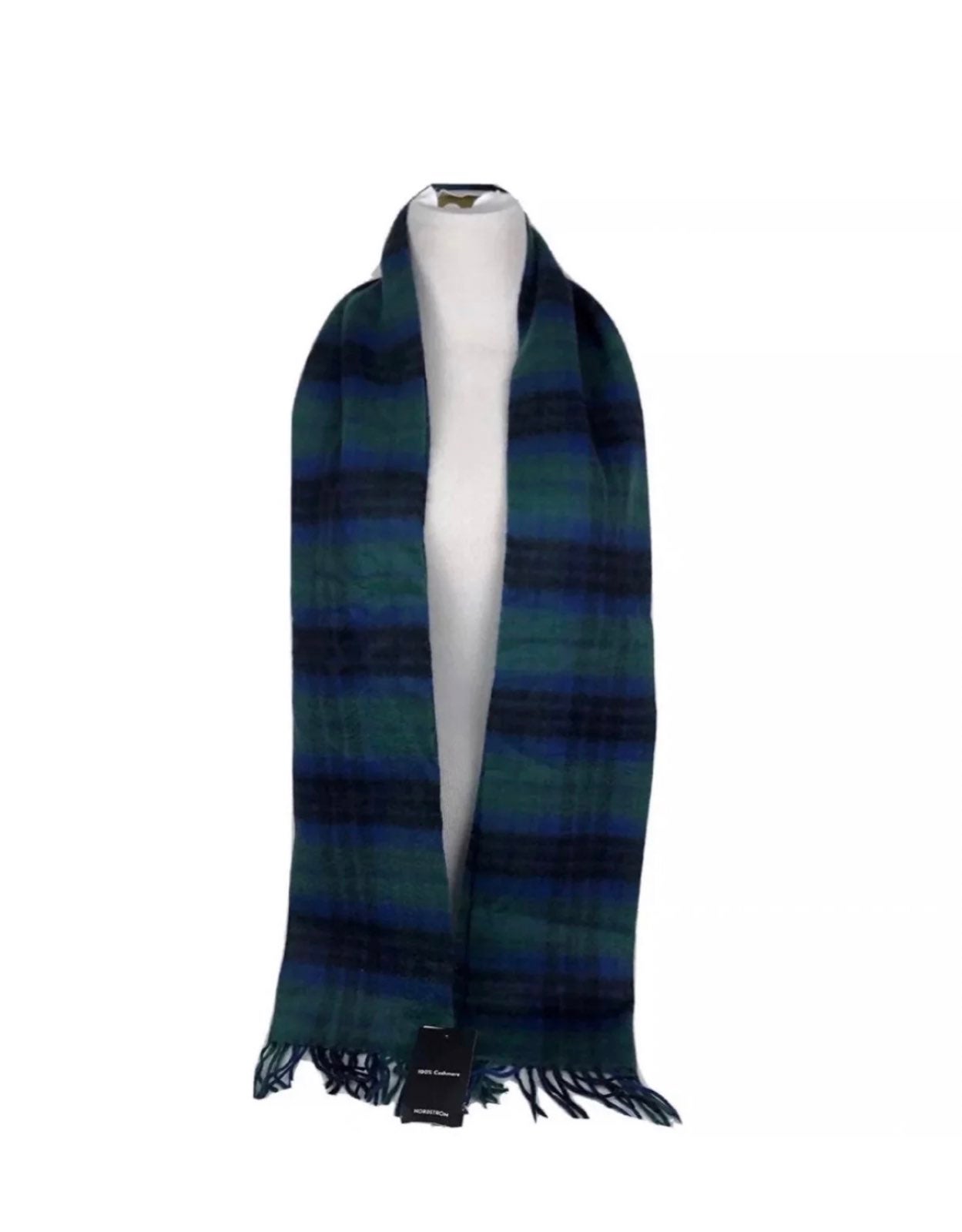 Nordstrom 100% Cashmere Blue and Green Fringe Scarf