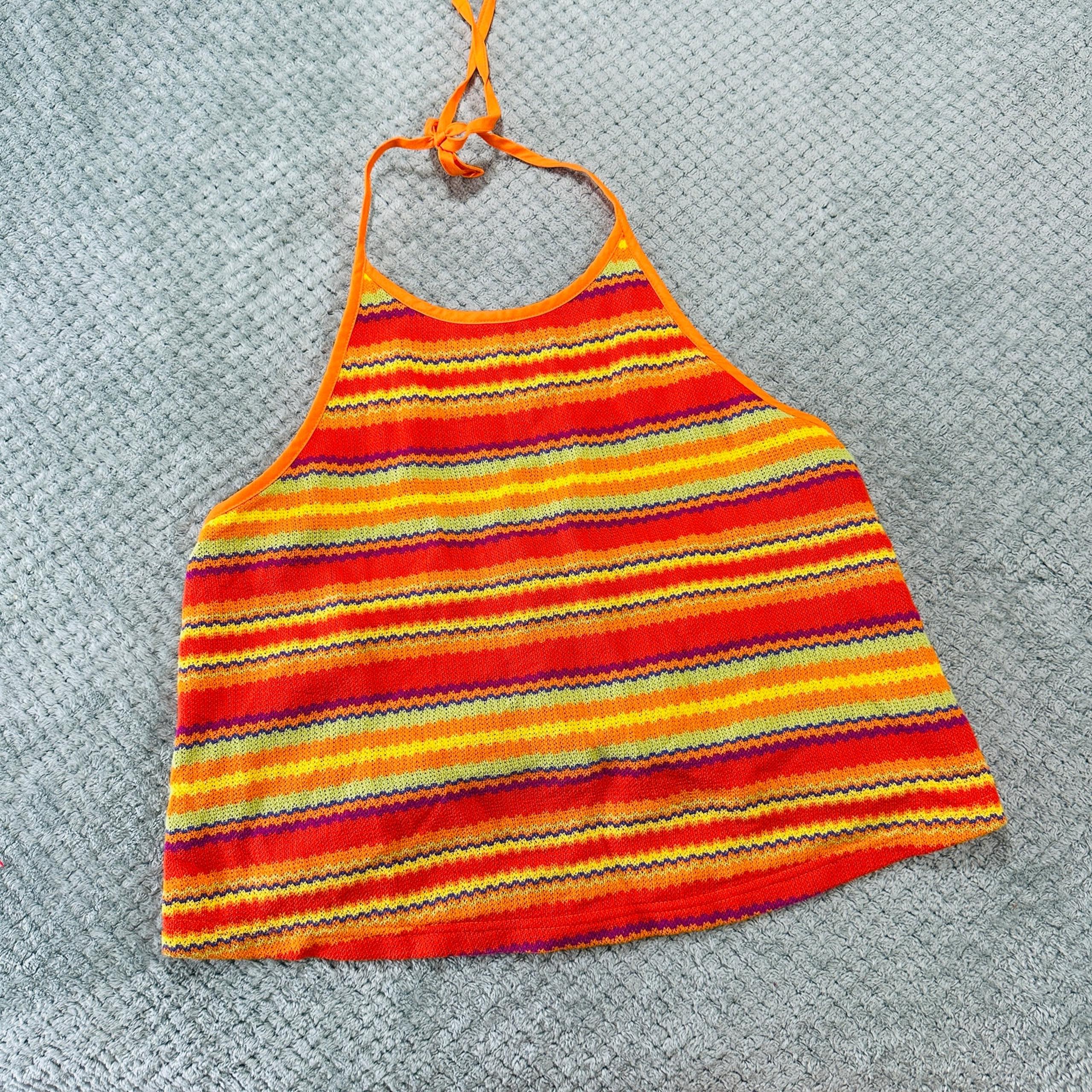 vtg retro y2k colorful orange/red striped knit funky woven highneck crop tank XL