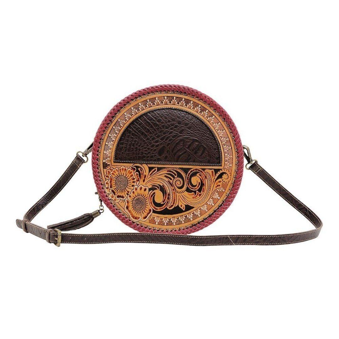 Myra Bag Handmade Coffee Round Bag Upcycled Canvas & Cowhide Leather