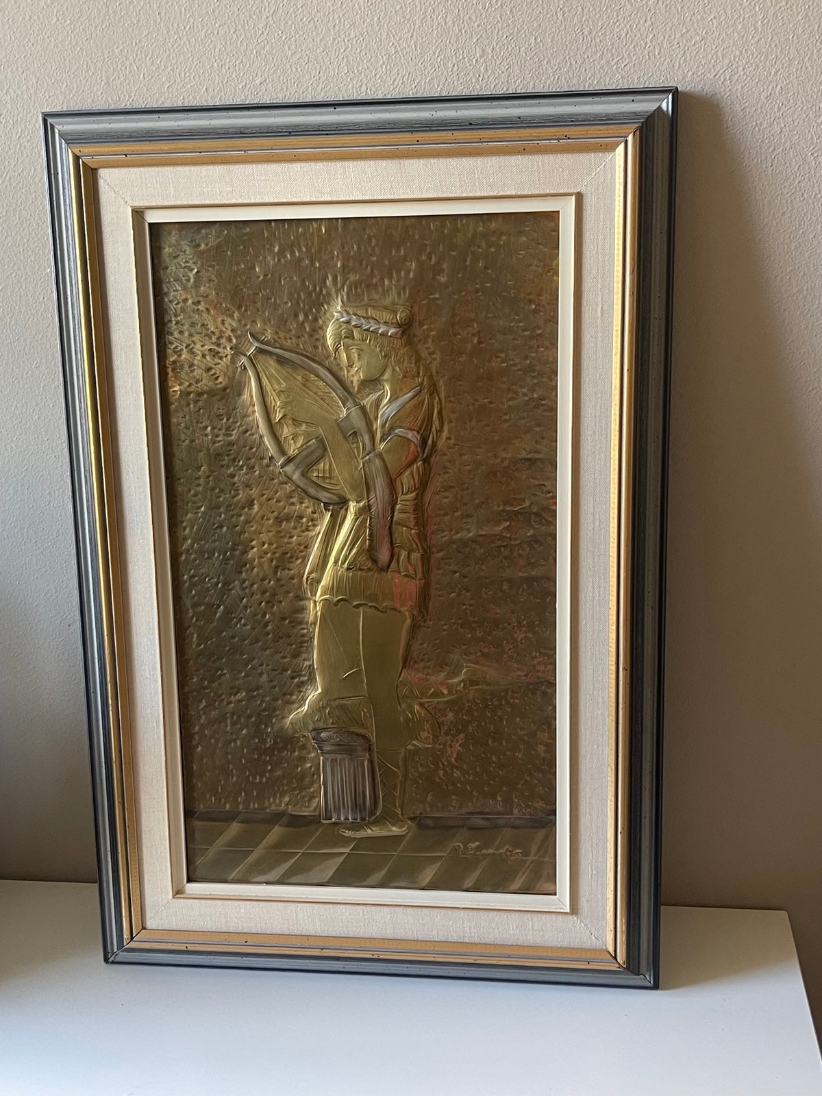 Vintage Peter Zoudis copper art - greek woman playing harp