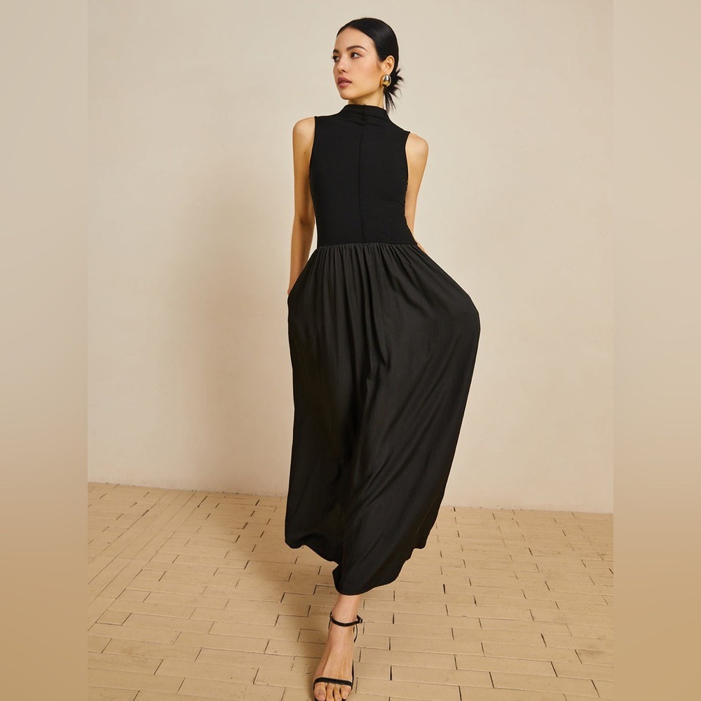 Commense Solid Mock Neck Sleeveless Long Dress black size M/6