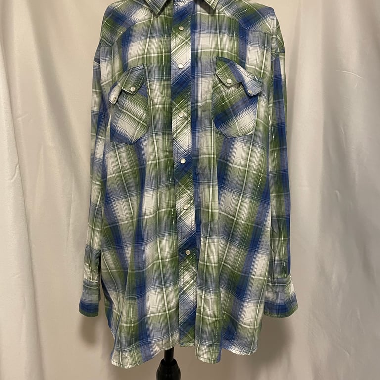Rustler Men's 2Xl Plaid Western Shirt - Green and Blue long sleeve snap rodeo c