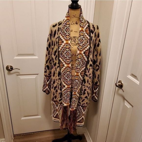 MaxSport leopard print fringed Aztec boho coatigan cardigan sweater size medium