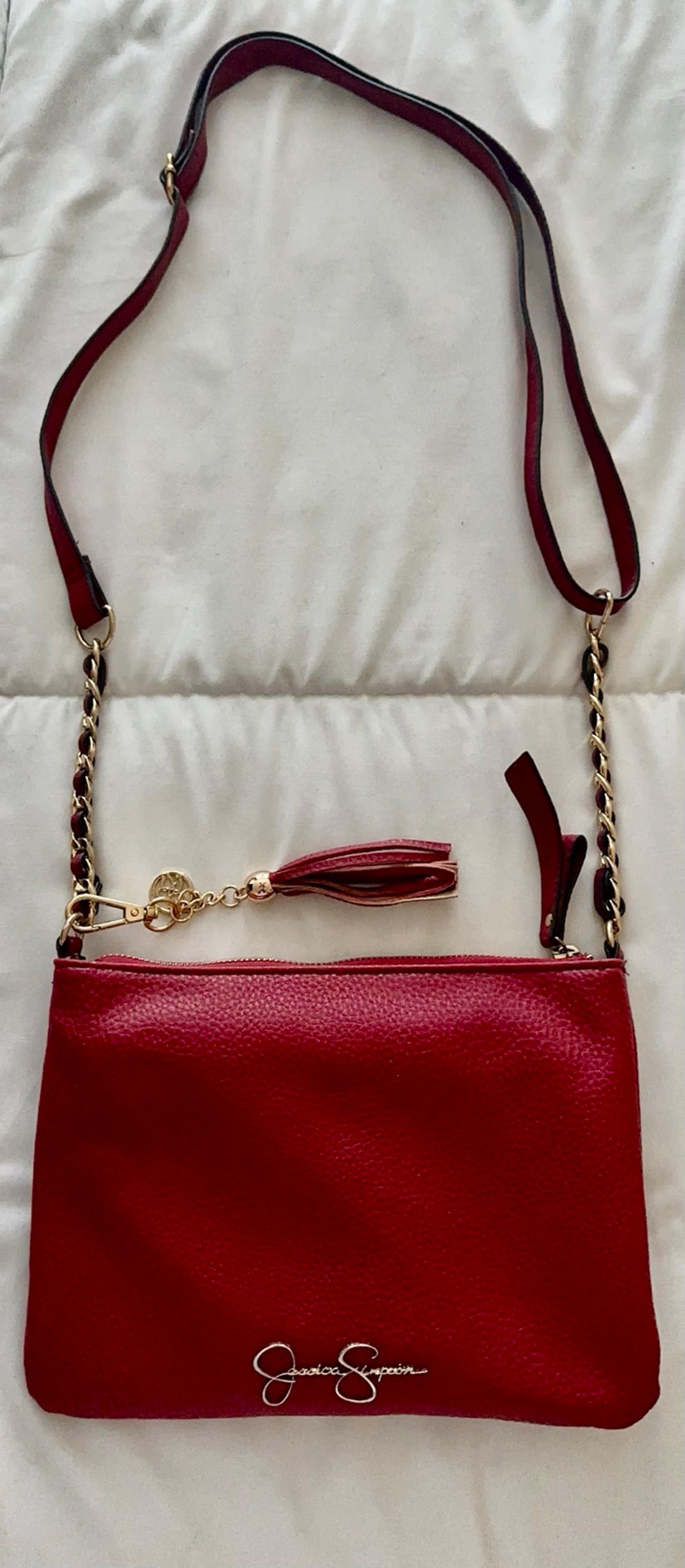 Jessica Simpson Red Leather Long Strap & Crossbody Bag w/ Gold Hardware