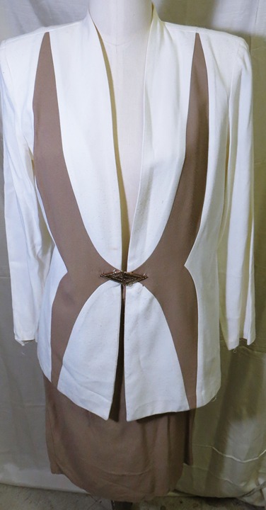 S.L. Fashions Vintage 2 Pc Women's White & Tan Trim Skirt / Dress Suit Size 8