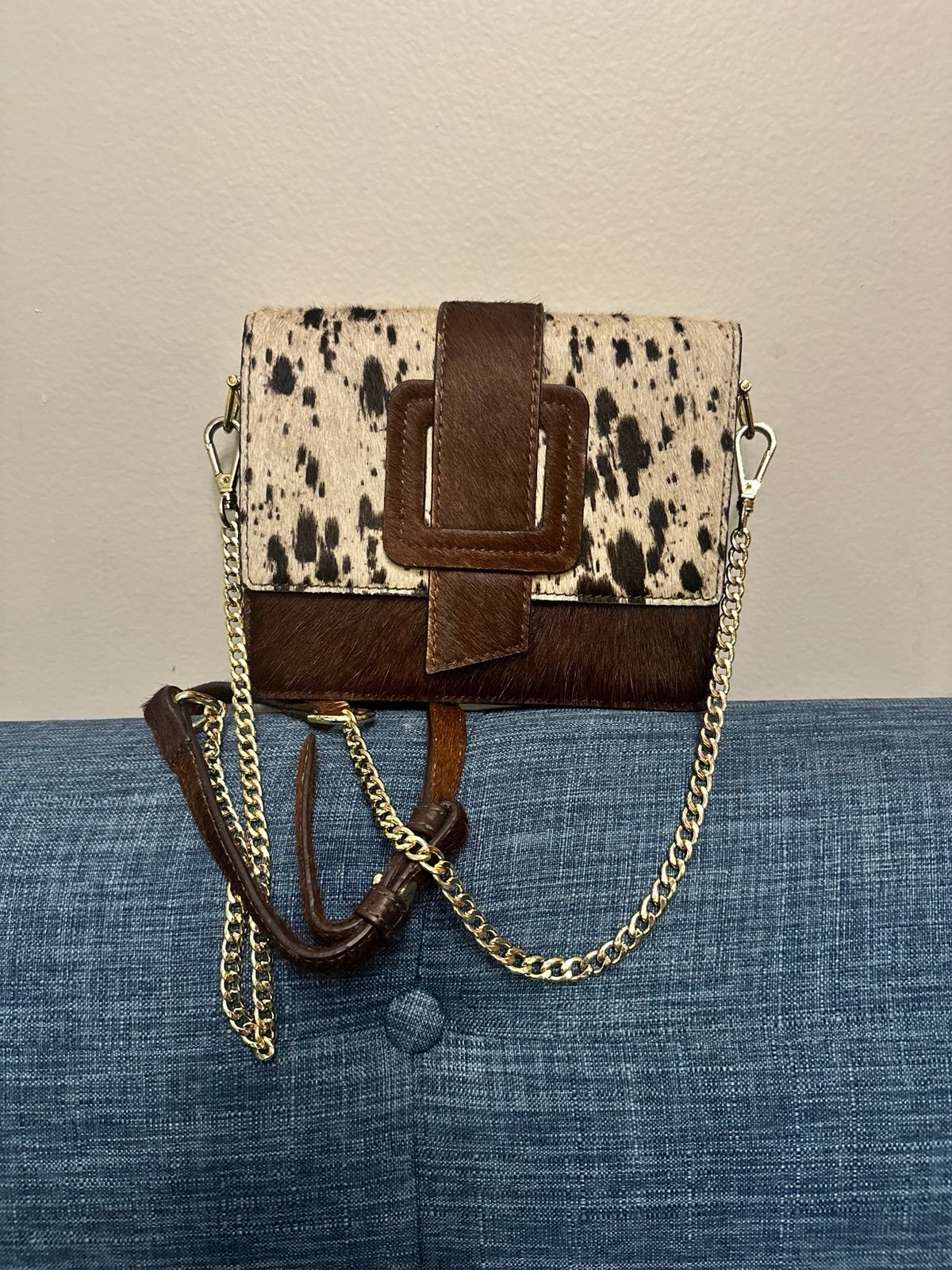 Tmrw Studio Brown And White Cow Print Cowhide Leather Camera Crossbody Handbag