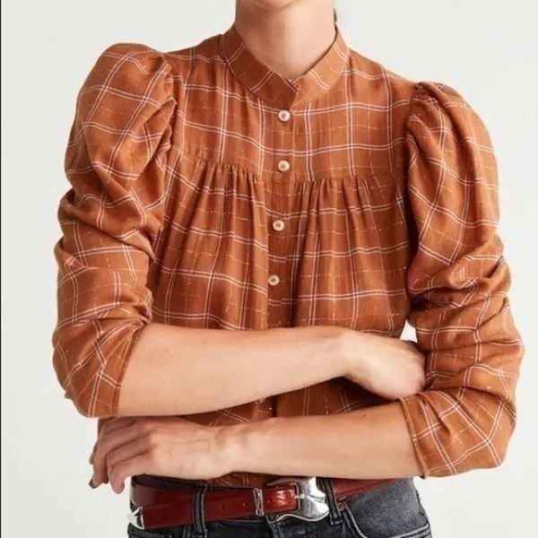 MANGO ORGANIC COTTON BLOUSE BROWN TAN CHECK PRINT GOLD METALLIC THREAD NWT SMALL