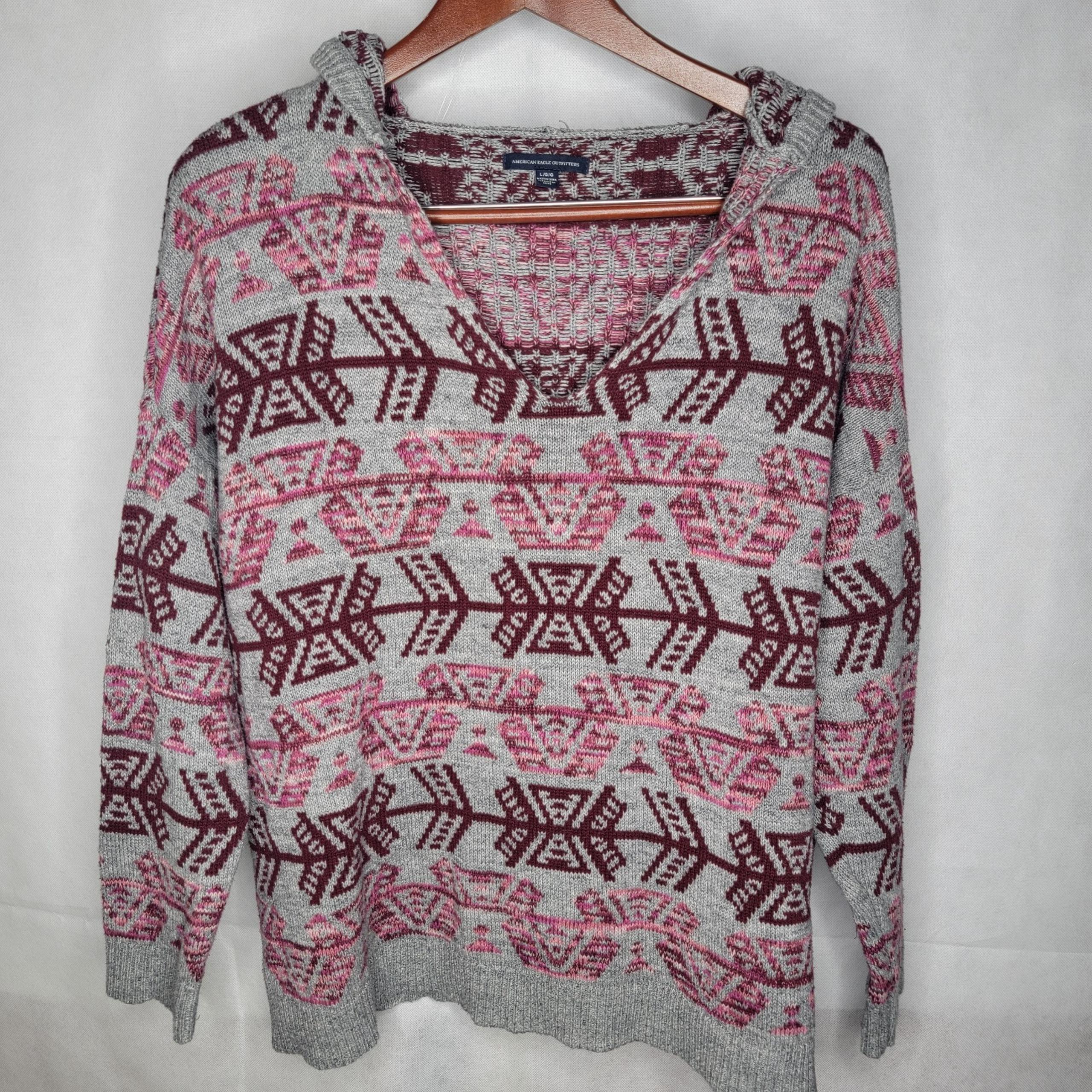 American Eagle Sweater Hooded Long Sleeve Pullover Gray Pink Southwest Aztec L
