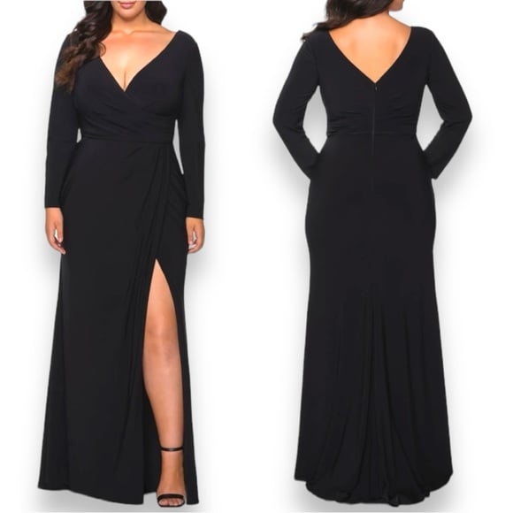 NWT La Femme Black Long Sleeve Side Ruching Faux Wrap Formal Dress