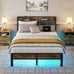 Full Bed Frame with Storage Charging Station Headboard, Smart LED Light