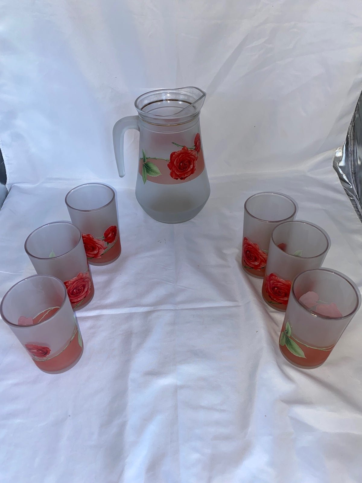Vintage 1950-1960 Set of 7 Frosted Glass Rose Juice Glasses and Pitcher