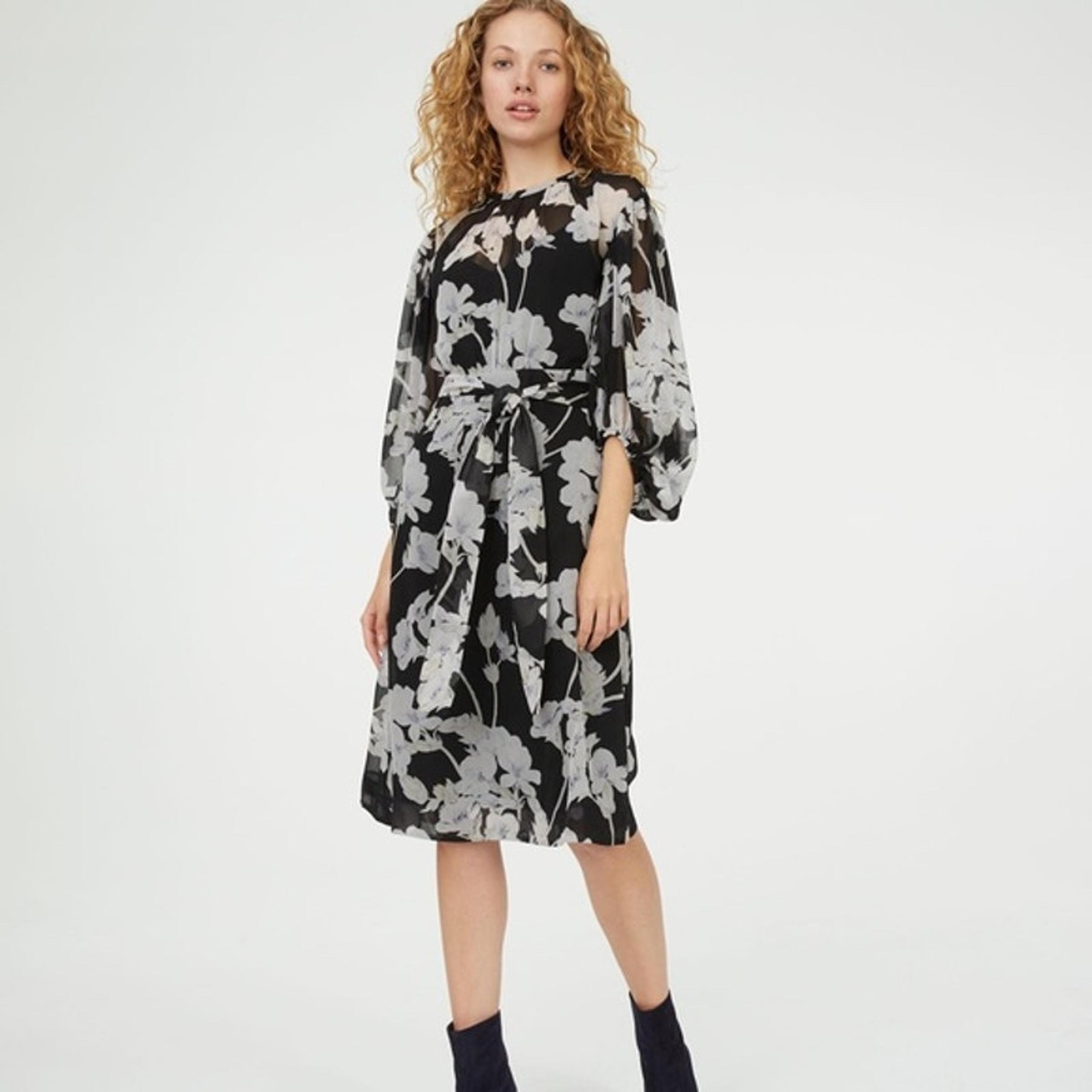 Club Monaco Linettah Midi Dress Black Gray Floral Tie Women's Size 00