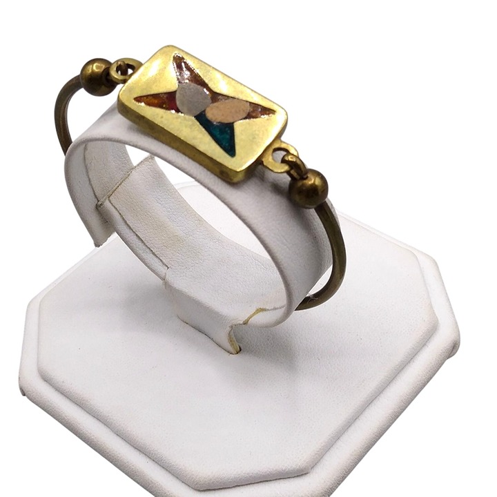 Modernist Brass Bangle with Stone and Resin Inlay, Retro Boho Stacking Bracelet