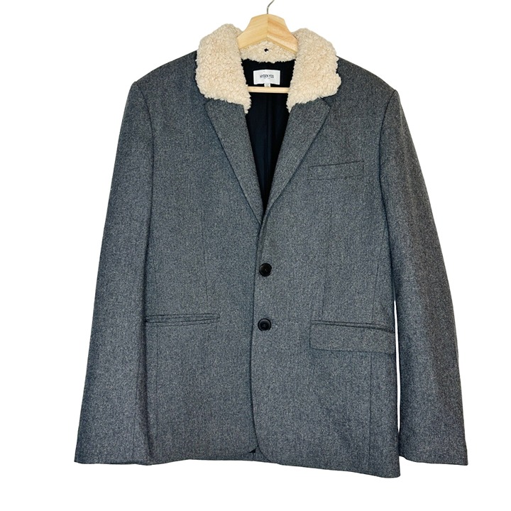Hyden Yoo Men's Wool Blend 40 Two-Button Fur Hood Blazer Jacket