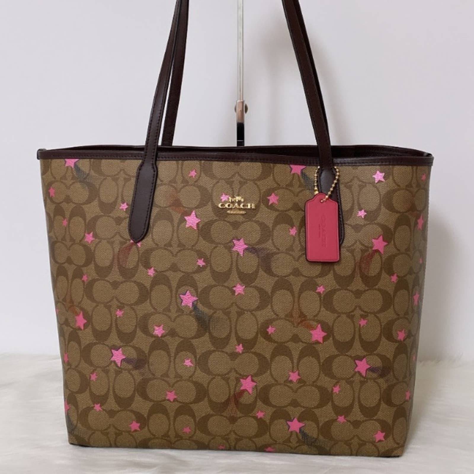 New Coach City Tote Bag In Signature Canvas With Disco Star Print/Brown