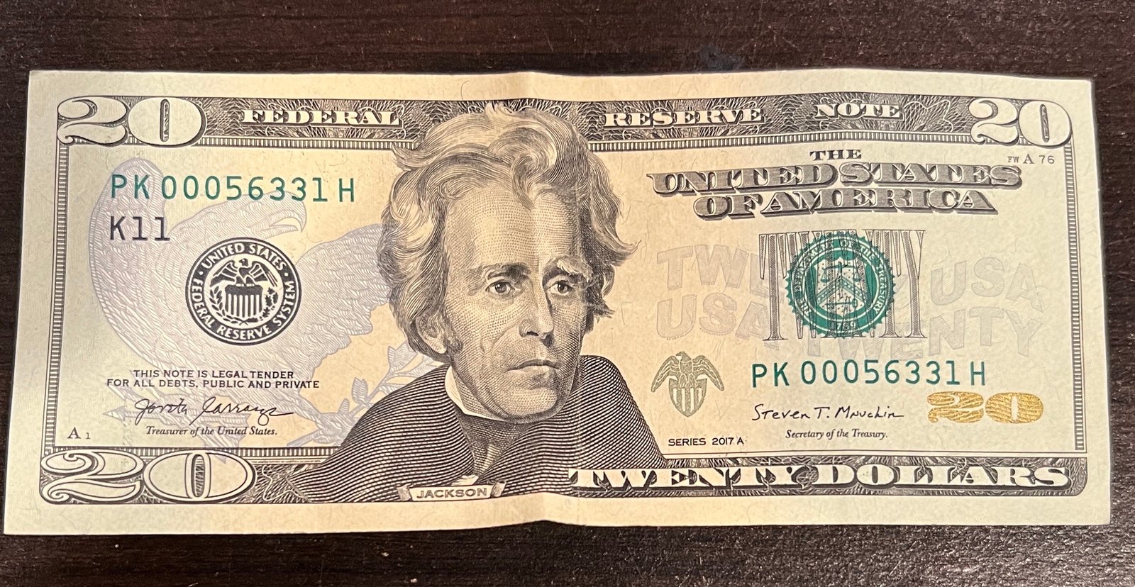 20 USD bill very unique serial number 00056331. Circulated. Fair Condition.