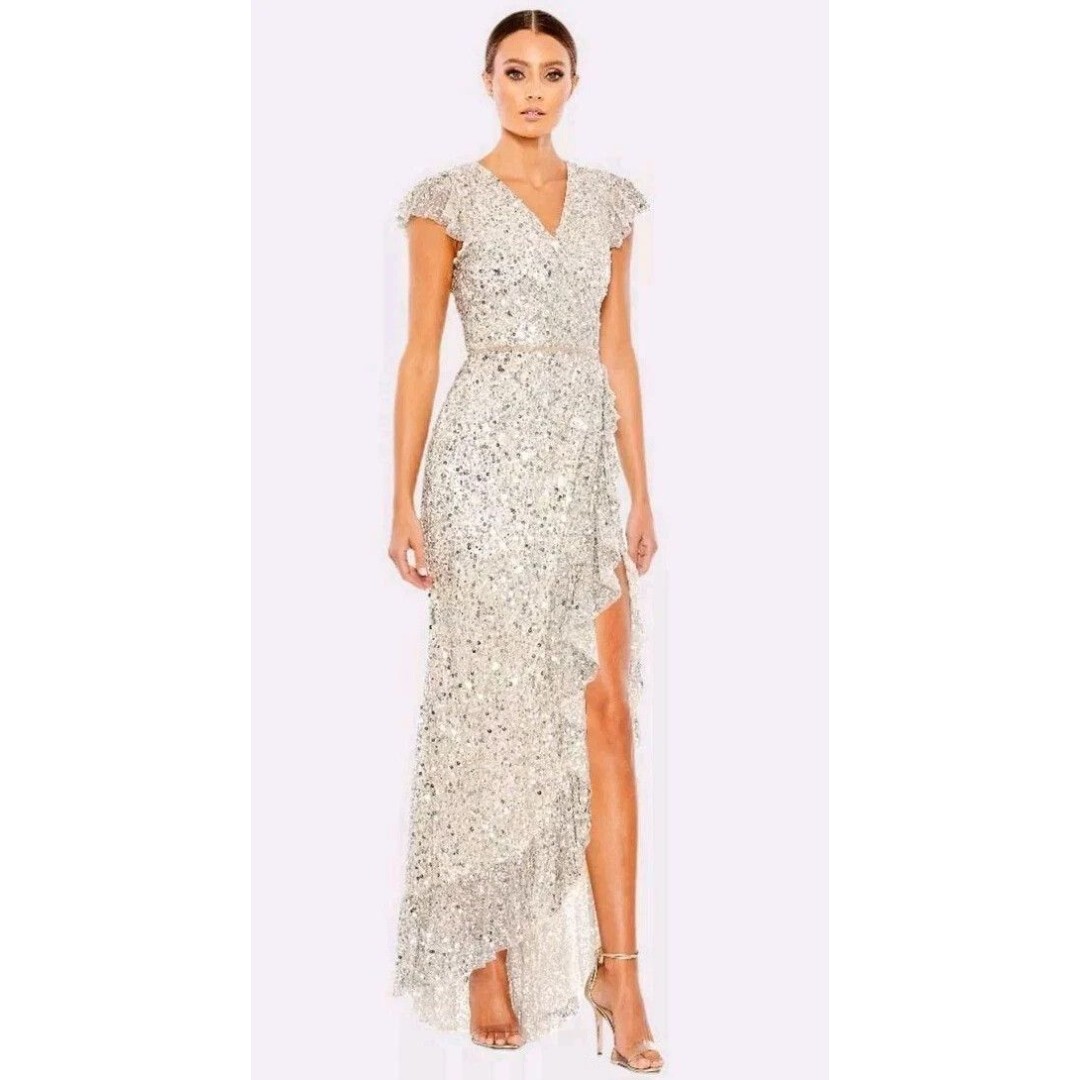 Mac Duggal Women Sequin Faux Wrap Gown Silver 10 Ruffle Dress 70113 Prom Party