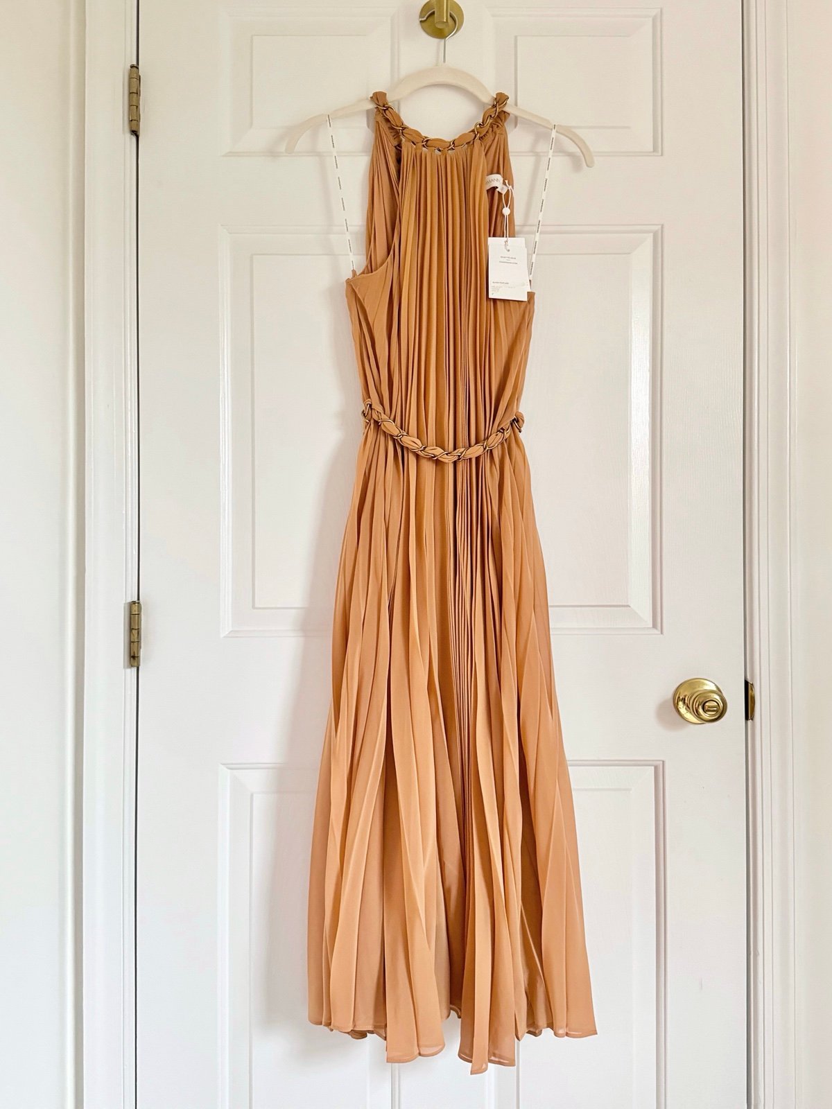NWT 750 Zimmermann Sunray Halter Chain Pleated Midi Dress Beige Biscuit AU0 XS
