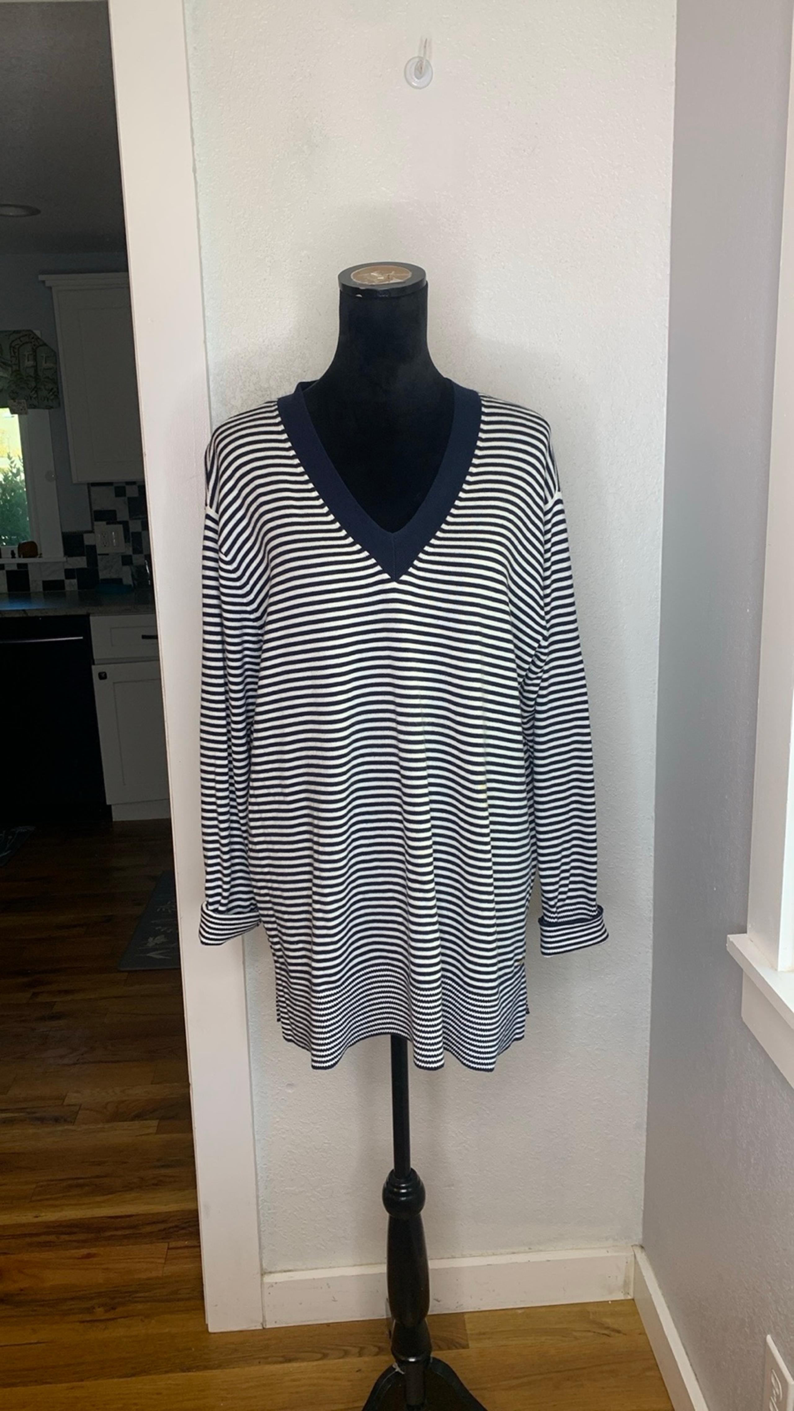 Tommy Hilfiger white blue striped knit tunic sweater long sleeve 100% cotton Lrg