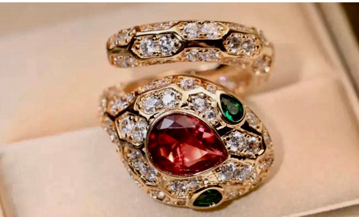 Serpenti 18K Rose Gold Snake CZ ring with Ruby, Emerald gemstones . Size 7-7.5