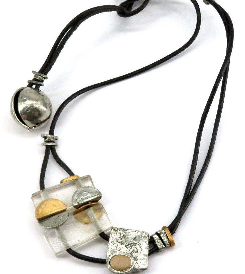 Anne Marie Chagnon Montreal Hand Made Modernist Pewter Glass Necklace