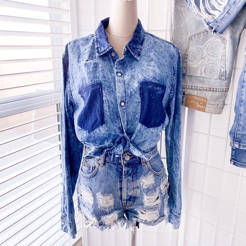 CARMAR Acid Wash Denim Button Down Shirt