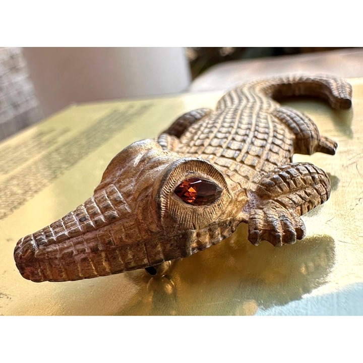 Vintage Maresco Crocodile Brooch Pin Alligator Topaz Crystal Glass Eyes Florida