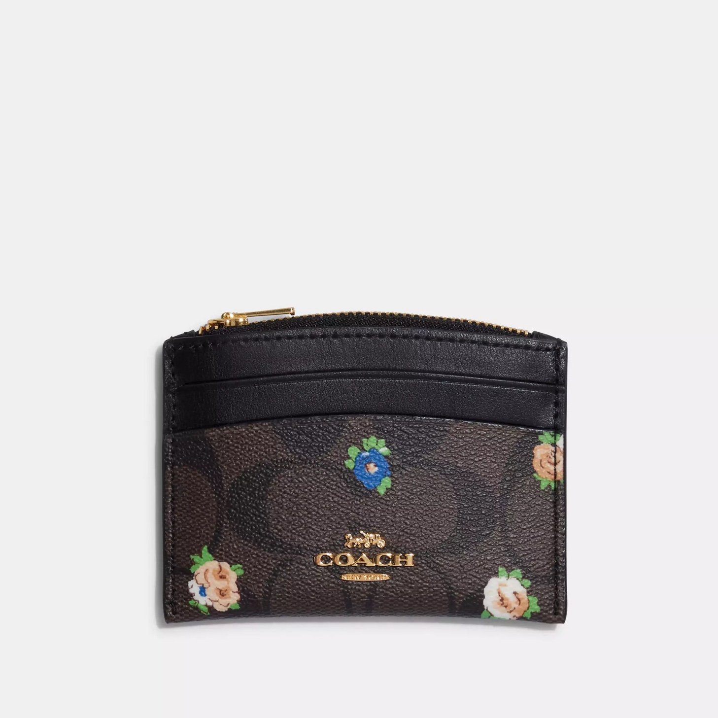 NWT Coach Shaped Card Case In Signature Canvas Vintage Mini Rose Print C7386