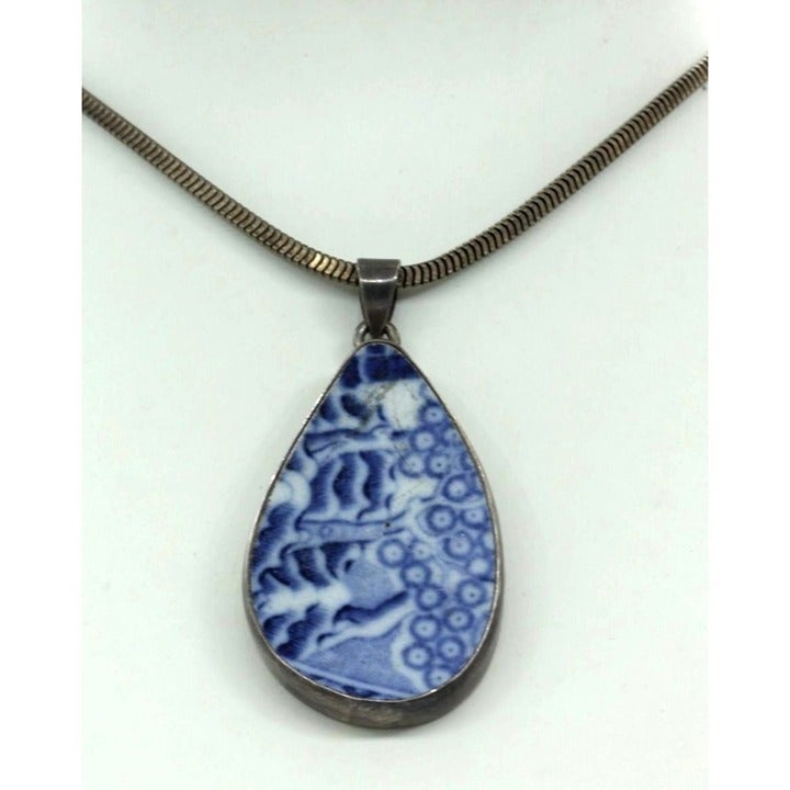 925 STERLING vintage Asian/Chinese blue pottery pendant necklace heavy box chain
