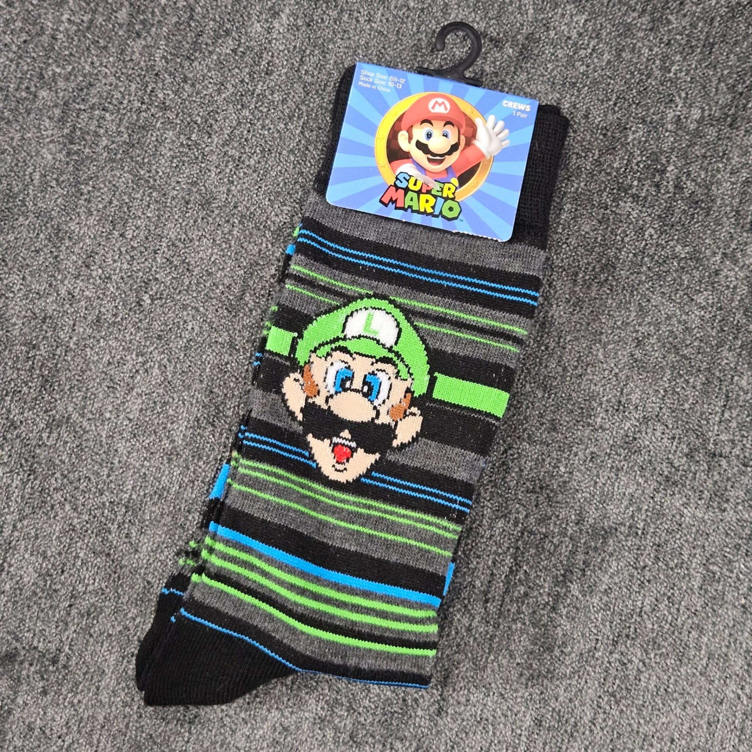 Super Mario Luigi Crew Socks Striped Nintendo Gaming Socks Shoe Size 6 1/2-12