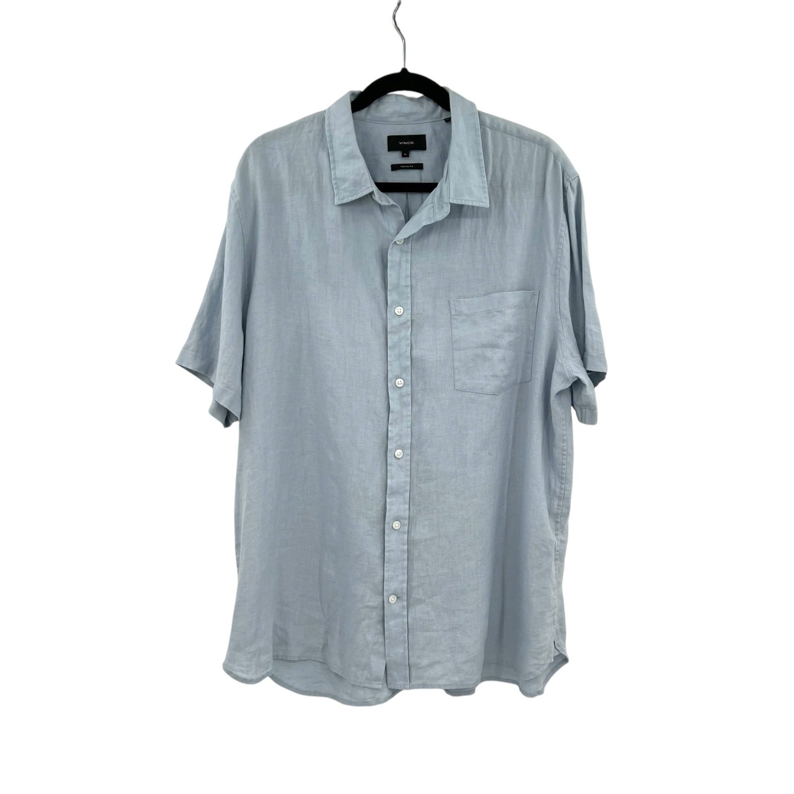 VINCE Short Sleeve Slim Fit Linen Sport Shirt In Feather Blue Size XL