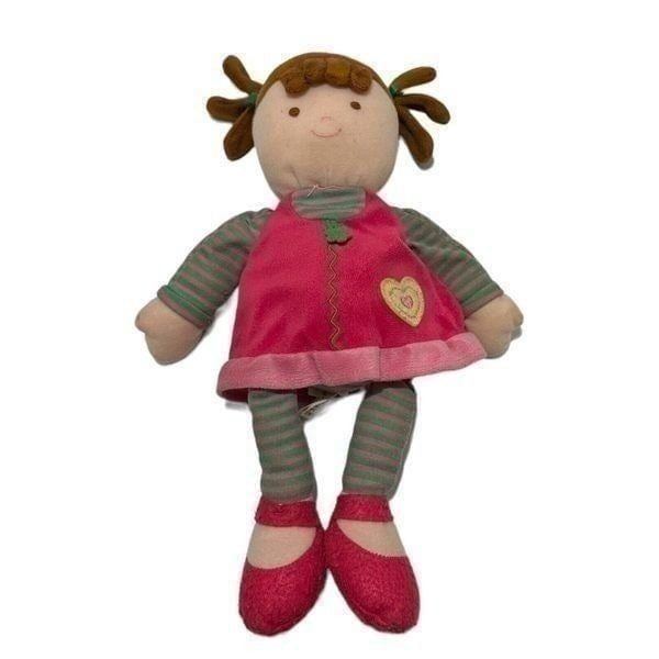 Carters Just One Year Brunette Plush Doll Brown Lovey Plush Pink Green Dress