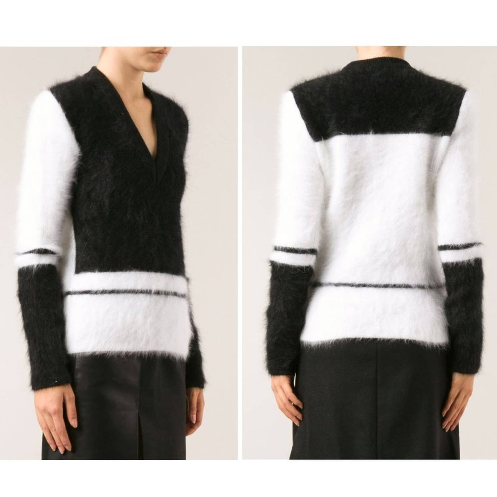 Atto Colorblock Angora Fuzzy V-Neck Sweater in Black & White, Size Medium